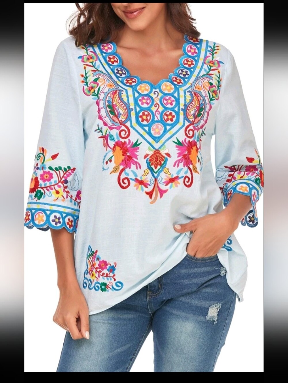 Womens Boho Embroidered Tunic Top Size M Blue Floral 3/4 Sleeve Peasant Yzxdorwj